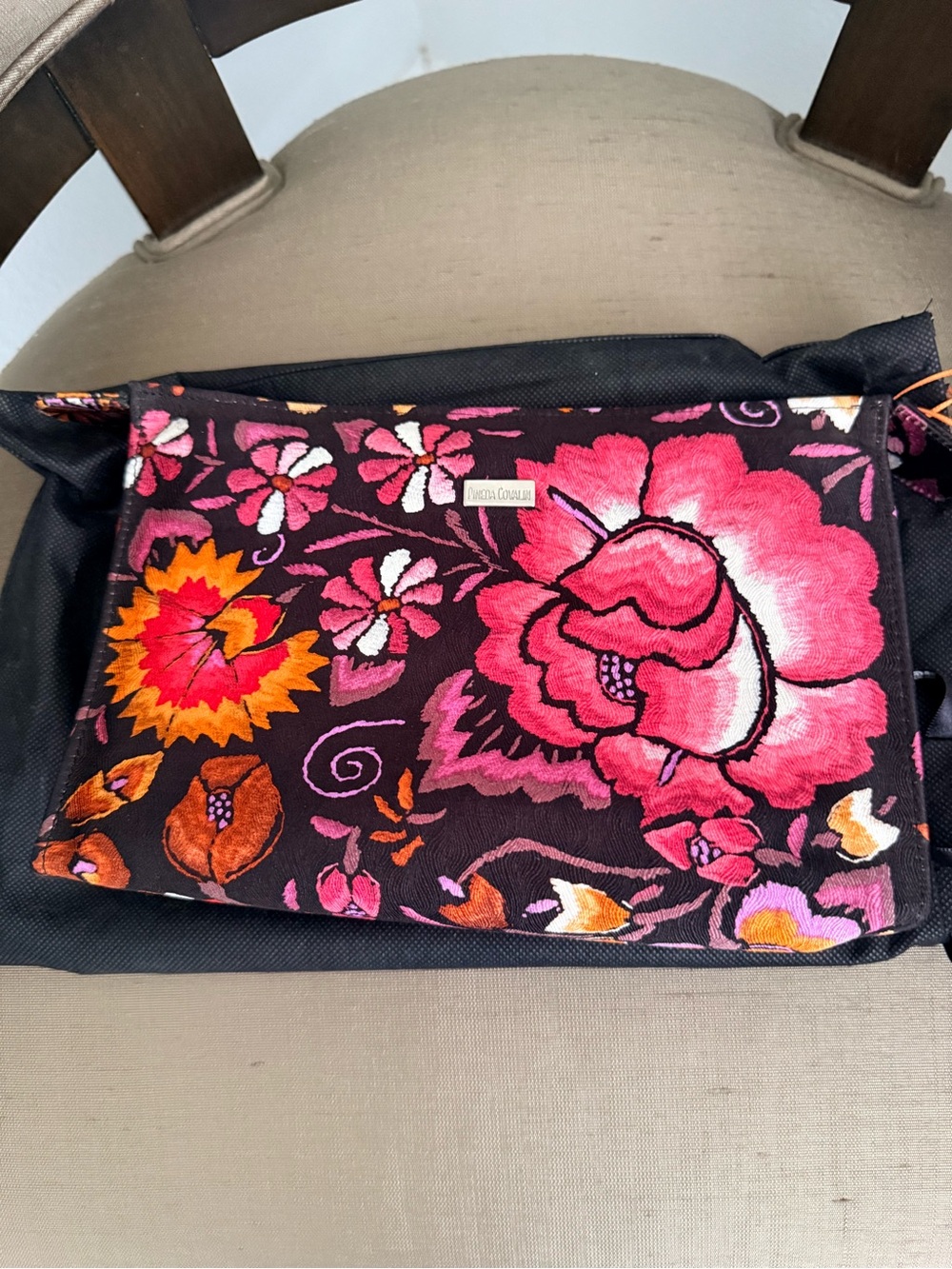Pineda Covalin Embroidered Floral Cosmetic Bag. Bold Pink & Orange Blooms